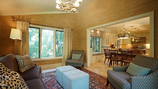 living room featuring sink, wooden ceiling, a notable chandelier, lofted ceiling, and light tile patterned floors