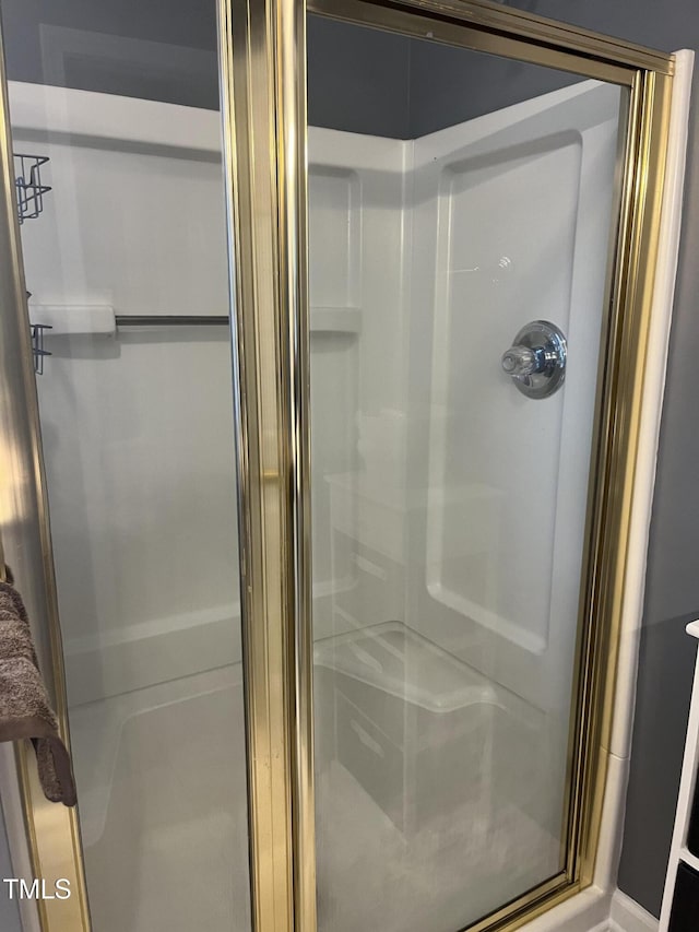 bathroom with a shower with shower door