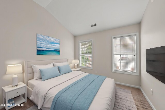 7340 Doverton Ct, Raleigh, NC 27615 - bedroom featuring carpet floors, baseboards, and vaulted ceiling