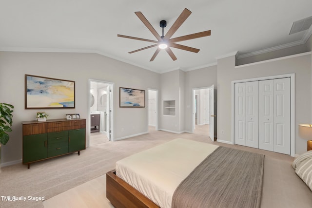 7340 Doverton Ct, Raleigh, NC 27615 - bedroom featuring light carpet, baseboards, crown molding, a closet, and vaulted ceiling
