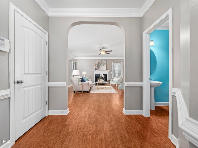 corridor featuring hardwood / wood-style flooring and ornamental molding