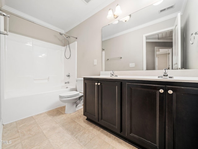 full bathroom with tile patterned floors,  shower combination, toilet, vanity, and ornamental molding