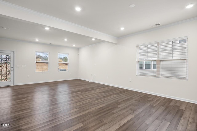 unfurnished room featuring crown molding and dark hardwood / wood-style floors