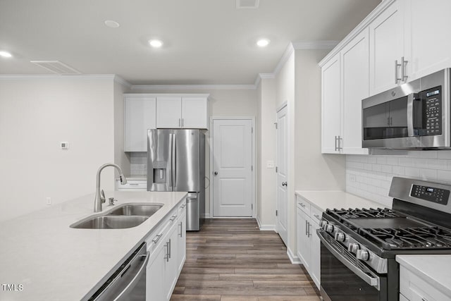 kitchen featuring white cabinets, crown molding, sink, and appliances with stainless steel finishes