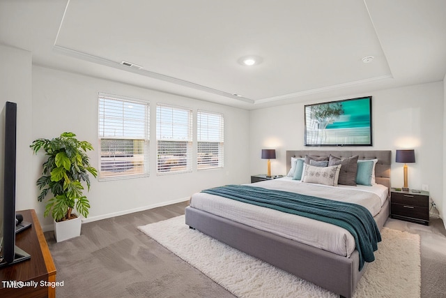 bedroom featuring carpet floors and a tray ceiling