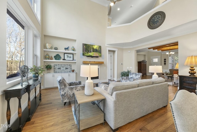 living room featuring light hardwood / wood-style floors, a high ceiling, and a notable chandelier