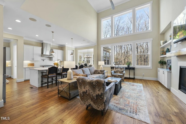 living room with a chandelier, a high ceiling, and light hardwood / wood-style flooring