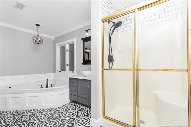 bathroom with tile patterned floors, vanity, crown molding, and plus walk in shower