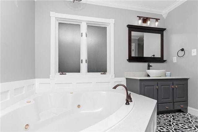 bathroom with vanity, a relaxing tiled tub, and crown molding