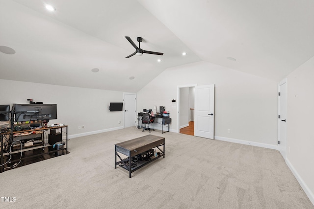 sitting room featuring recessed lighting, a ceiling fan, carpet flooring, vaulted ceiling, and baseboards