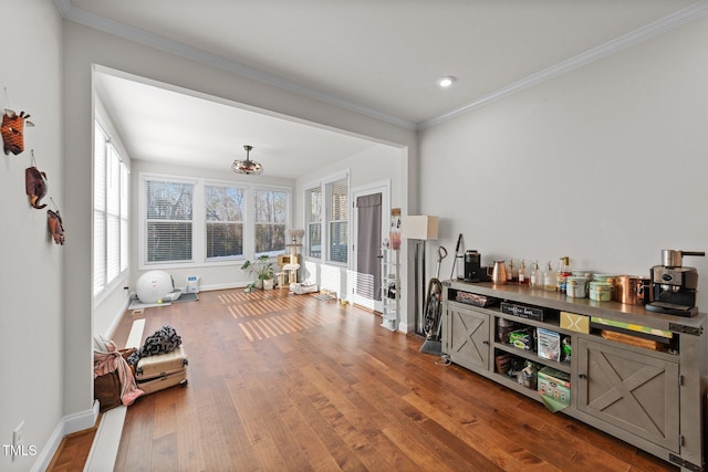 interior space with ornamental molding, hardwood / wood-style flooring, and baseboards