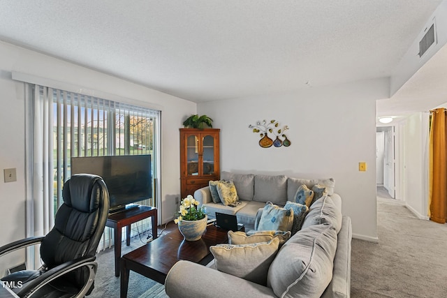 living room featuring light colored carpet and a textured ceiling