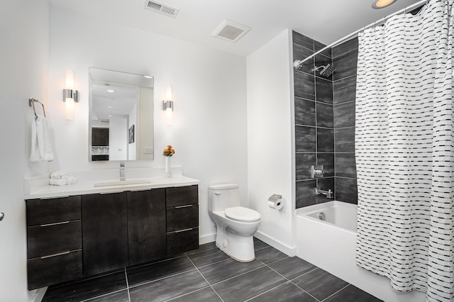 full bathroom with shower / bath combination with curtain, vanity, toilet, and tile patterned floors