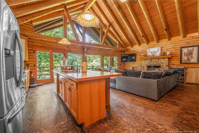 329 Silver Grove Church Rd, Rockingham, NC 28379 - kitchen with stainless steel appliances, a sink, a fireplace, a center island with sink, and healthy amount of natural light