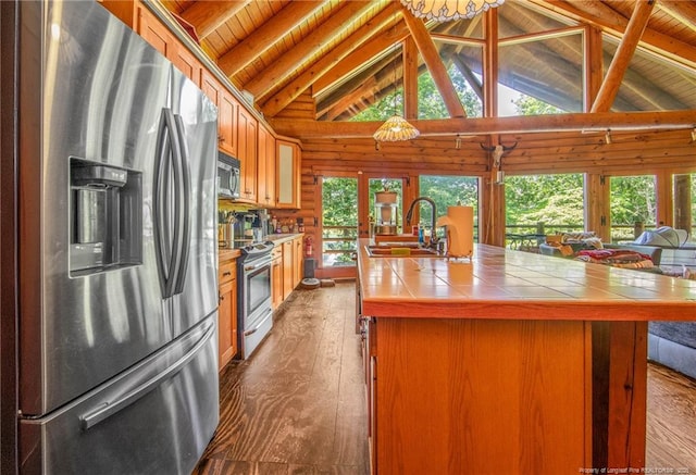329 Silver Grove Church Rd, Rockingham, NC 28379 - kitchen with stainless steel appliances, tile counters, a sink, dark wood finished floors, and wood ceiling with exposed beams