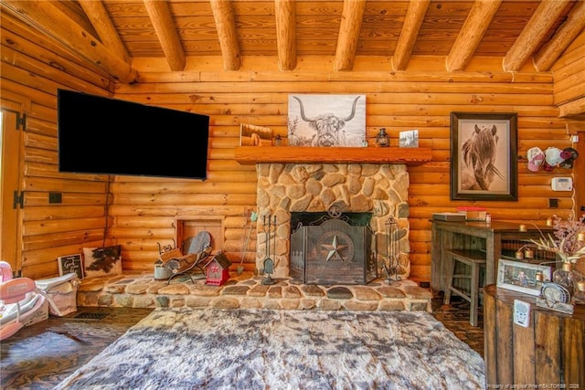 329 Silver Grove Church Rd, Rockingham, NC 28379 - living room featuring wooden ceiling with exposed beams, log walls, and a stone fireplace