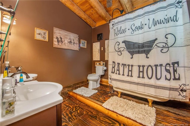 329 Silver Grove Church Rd, Rockingham, NC 28379 - full bath with wooden ceiling, vanity, toilet, marble finish floors, and baseboards