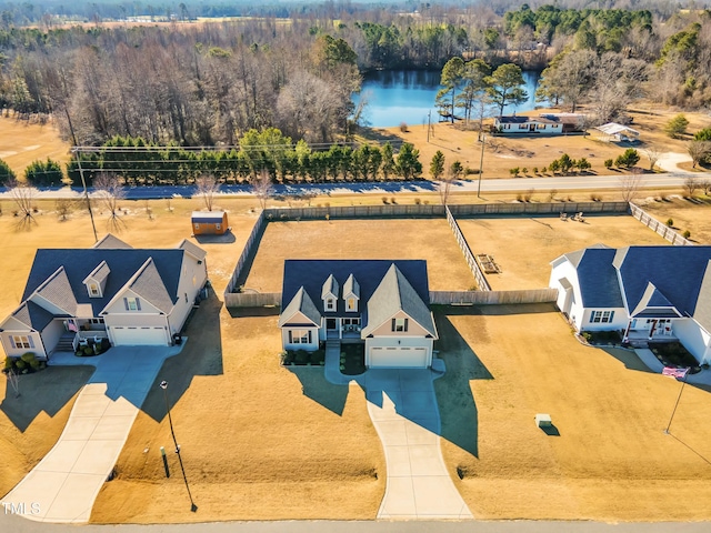 bird's eye view with a water view