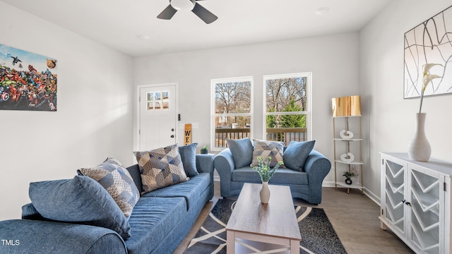 living room featuring wood-type flooring and ceiling fan