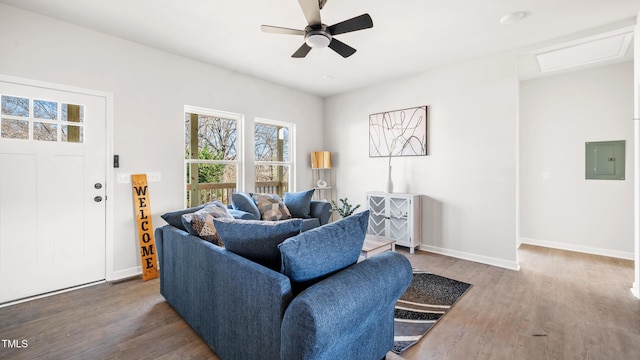 living room with ceiling fan, wood-type flooring, and electric panel