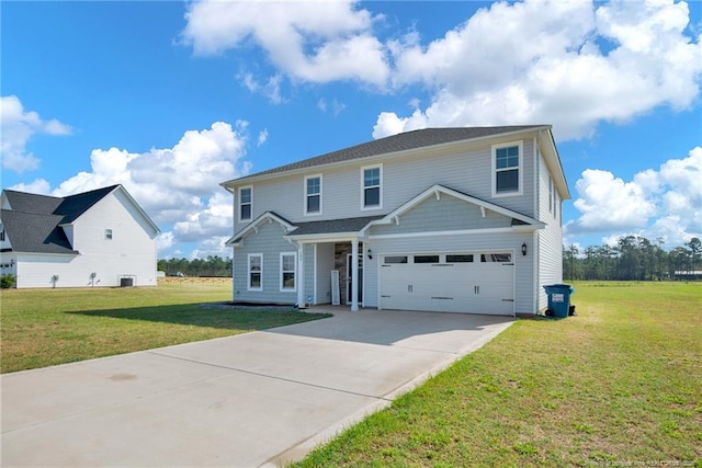 view of front of home featuring a garage, a front yard, and central AC