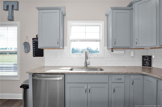 kitchen with gray cabinets, stainless steel dishwasher, and sink