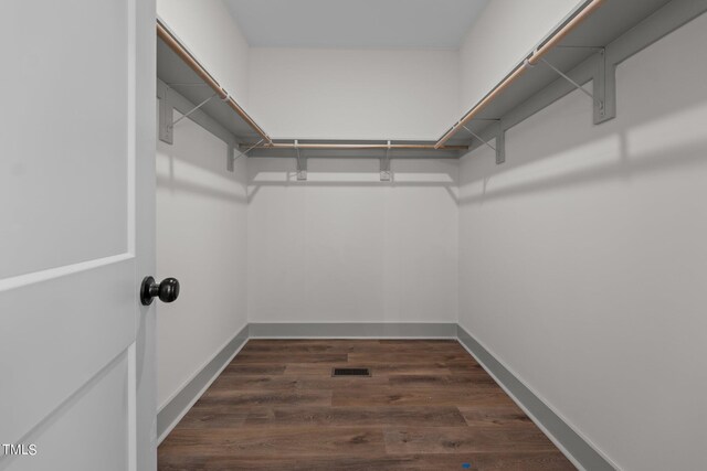 walk in closet with dark hardwood / wood-style flooring