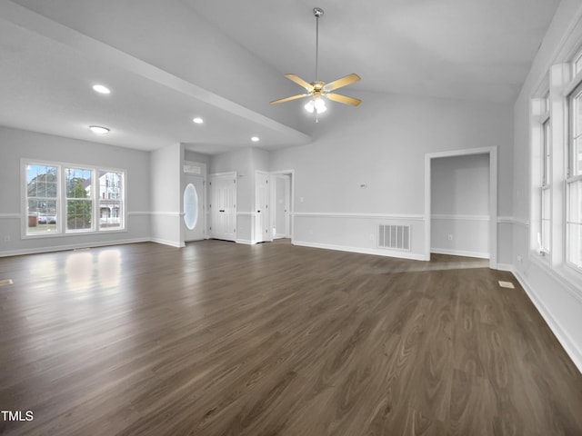 unfurnished living room featuring lofted ceiling, ceiling fan, and dark hardwood / wood-style floors