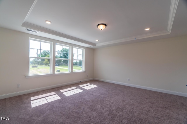 carpeted spare room with crown molding and a tray ceiling