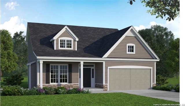 cape cod house featuring a garage, concrete driveway, stone siding, a porch, and a front yard