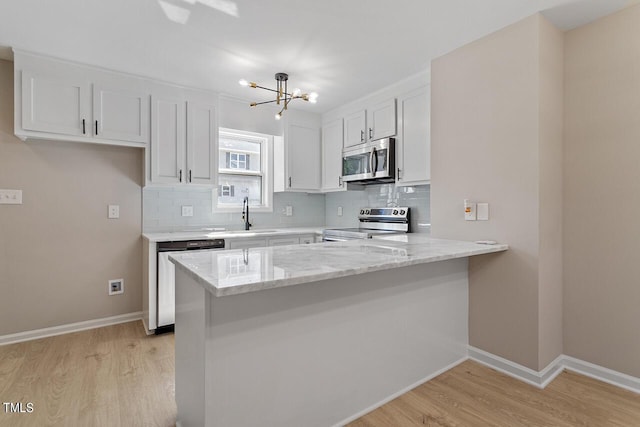 kitchen with kitchen peninsula, appliances with stainless steel finishes, sink, white cabinets, and light hardwood / wood-style floors