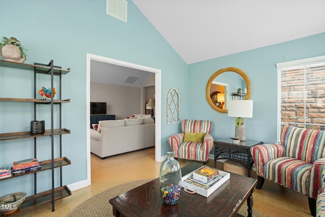 living room featuring lofted ceiling