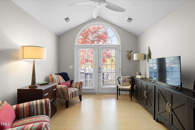 sitting room featuring french doors, vaulted ceiling, a wealth of natural light, and ceiling fan