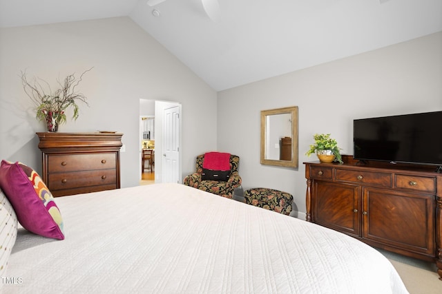 bedroom featuring ceiling fan and lofted ceiling