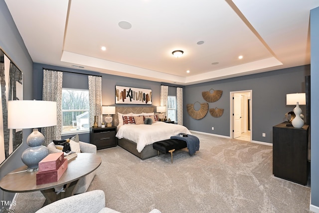 carpeted bedroom with a raised ceiling