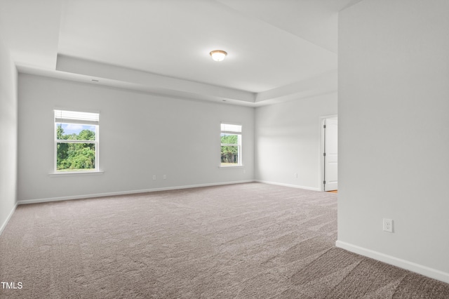 carpeted empty room with a tray ceiling