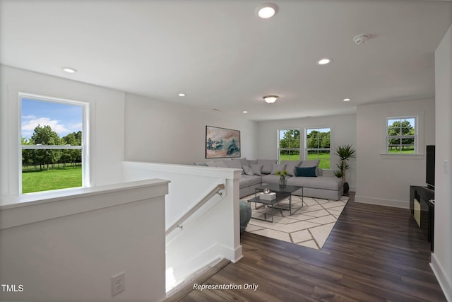 living room featuring dark wood-type flooring