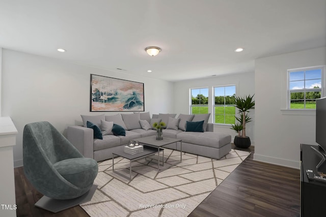 living room featuring wood-type flooring and a healthy amount of sunlight