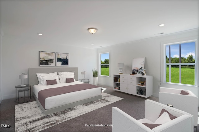 carpeted bedroom featuring ornamental molding