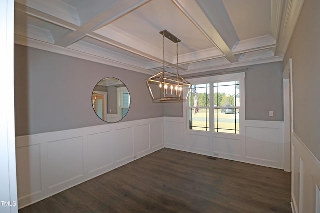 unfurnished dining area featuring ornamental molding, coffered ceiling, dark wood-type flooring, beam ceiling, and a chandelier