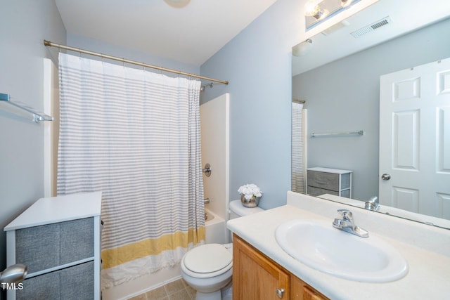 full bathroom with vanity, toilet, and shower / bath combo with shower curtain