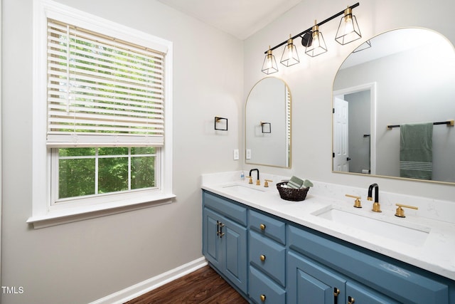 bathroom with a wealth of natural light, vanity, and wood-type flooring