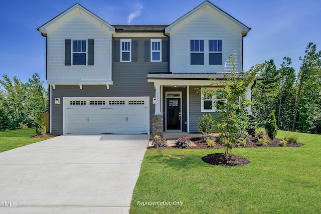 view of front of house with a garage and a front lawn