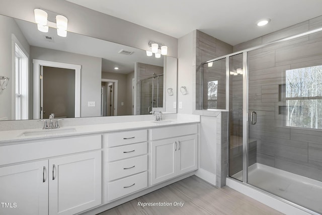 bathroom featuring vanity and an enclosed shower