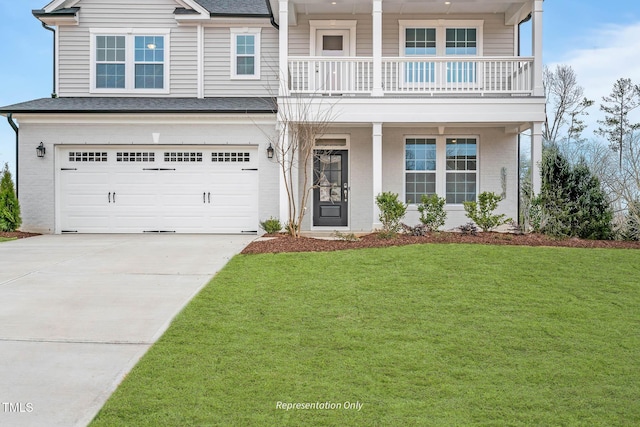 view of front of property featuring a garage, a balcony, and a front lawn