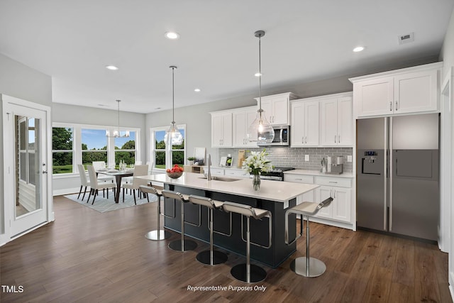 kitchen with pendant lighting, a kitchen island with sink, a breakfast bar area, white cabinetry, and stainless steel appliances