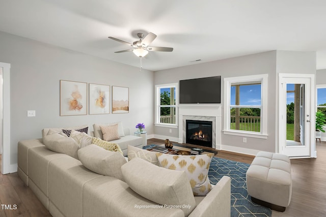 living room featuring a premium fireplace, ceiling fan, and dark hardwood / wood-style floors