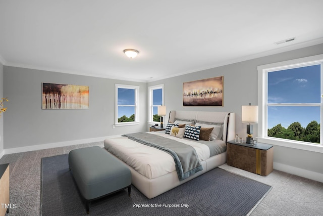 carpeted bedroom with multiple windows and ornamental molding