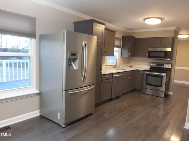 kitchen featuring appliances with stainless steel finishes, dark wood-type flooring, ornamental molding, and sink