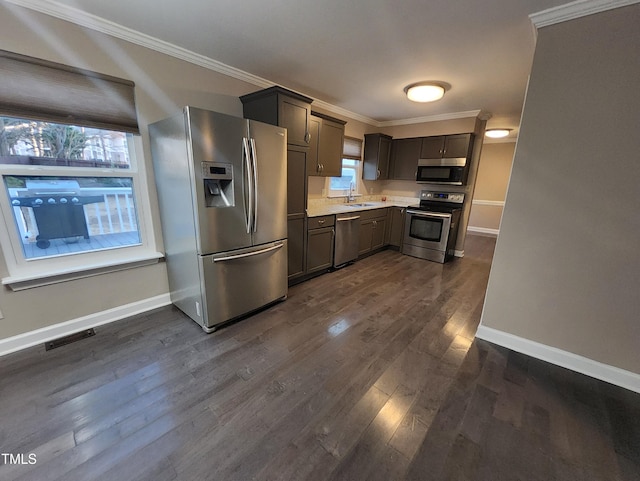 kitchen with appliances with stainless steel finishes, dark hardwood / wood-style floors, ornamental molding, and sink